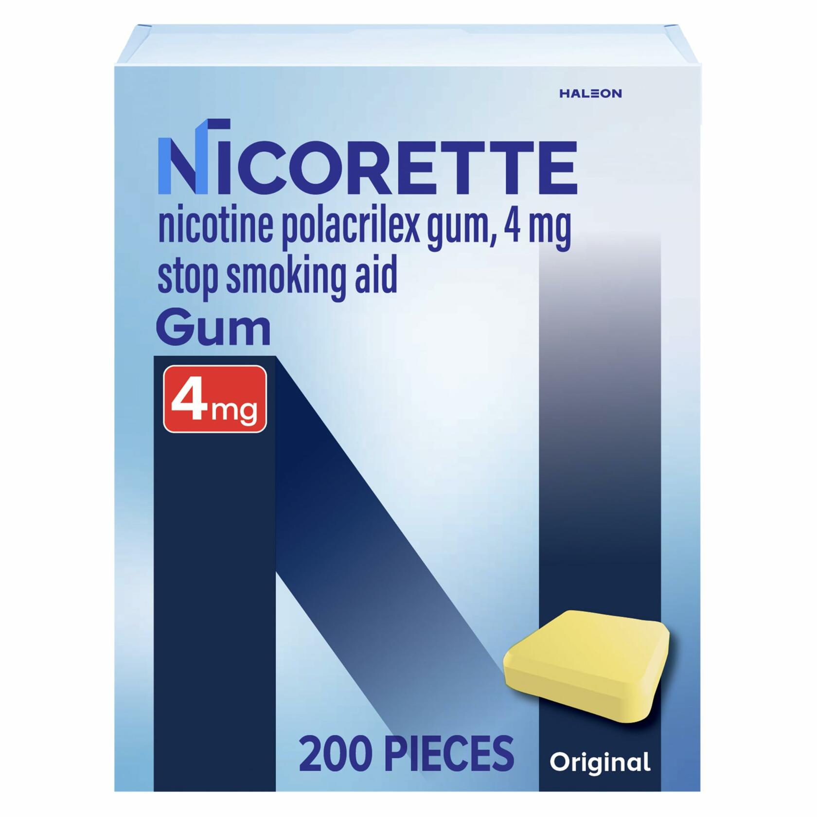 Nicorette Nicotine Gum Stop Smoking Aid 4mg, Original Flavor 200 Count