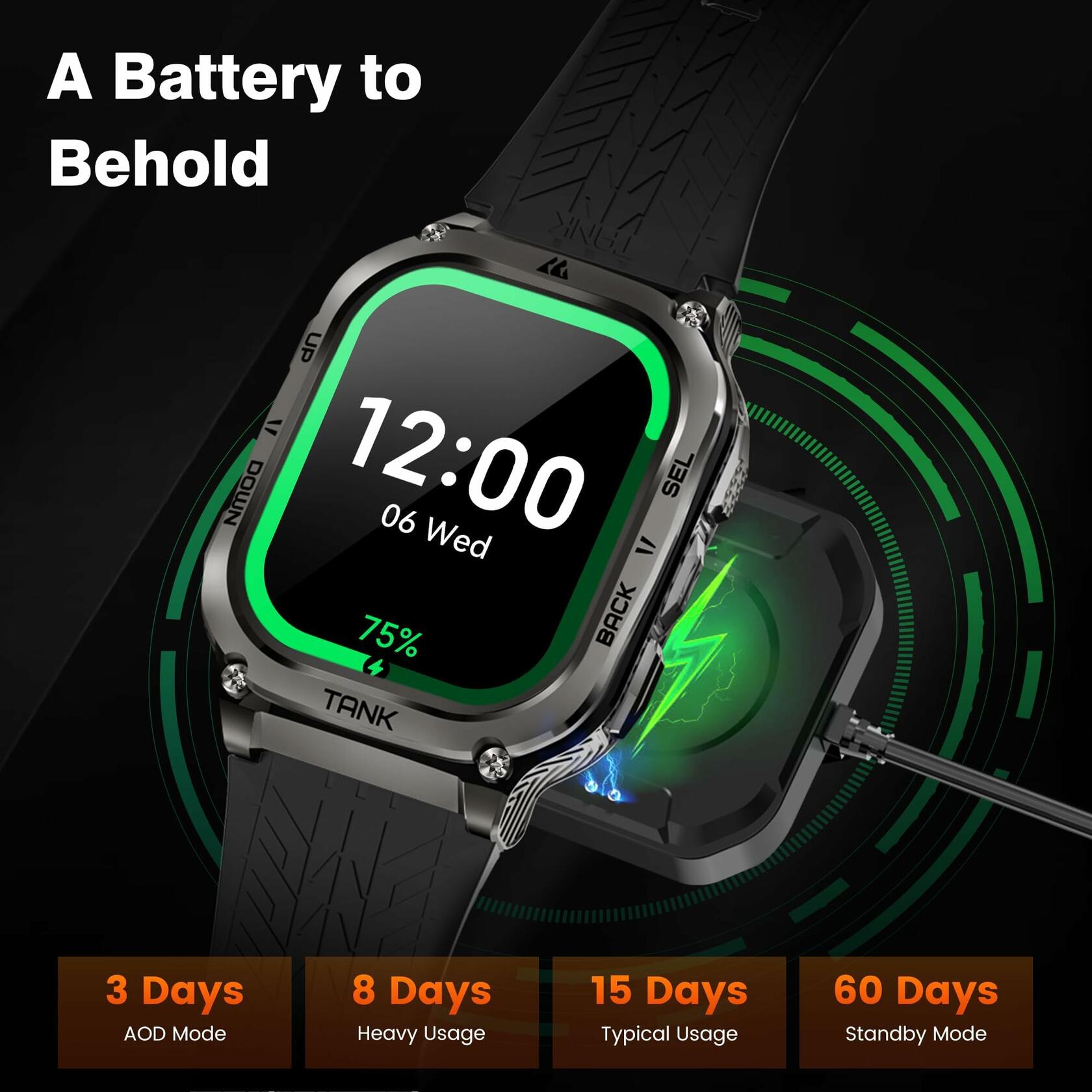 AMAZTIM M3 Smart Watch, 60 Day Bat, Full Metal Military Grade, 2" AMOLED Display