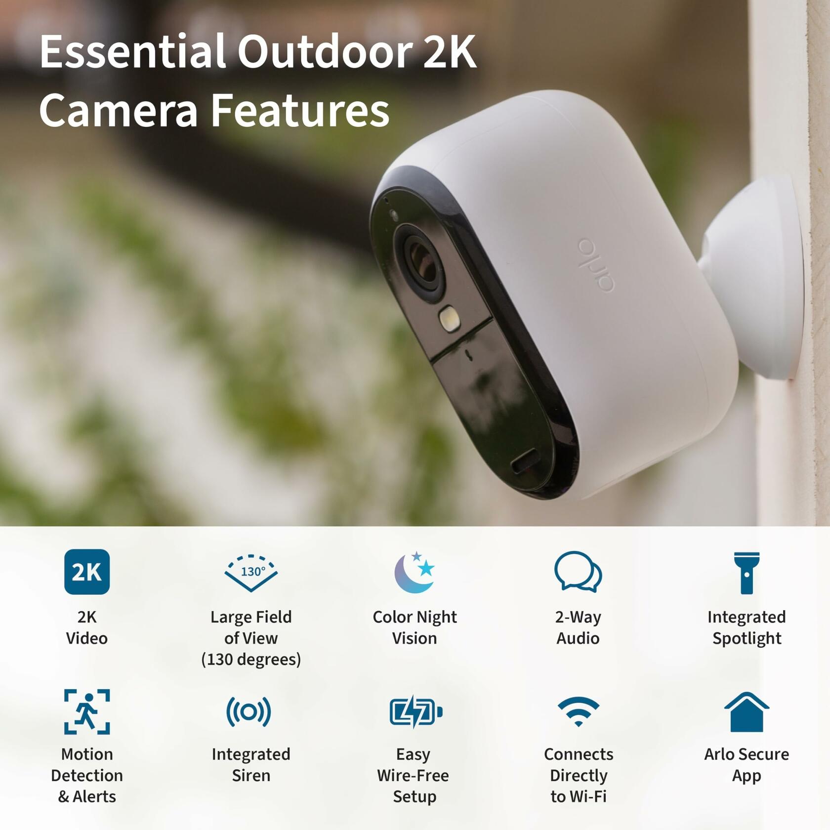 Arlo Essential Outdoor Wireless Security Camera 2ndGen 2K Indoor/Outdoor - White