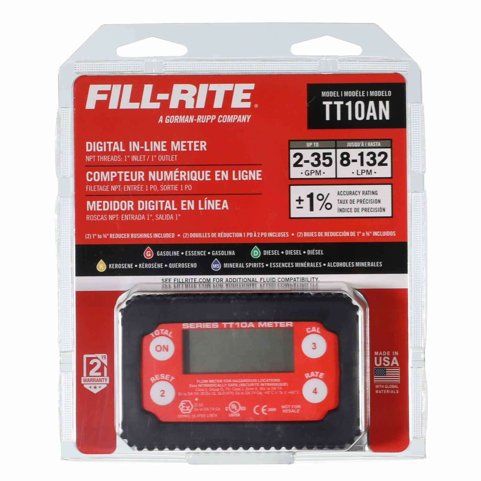 Fill-Rite Digital In-Line Fuel Transfer Meter, 1" Inlet/Outlet, 2-35 GPM - TT10N