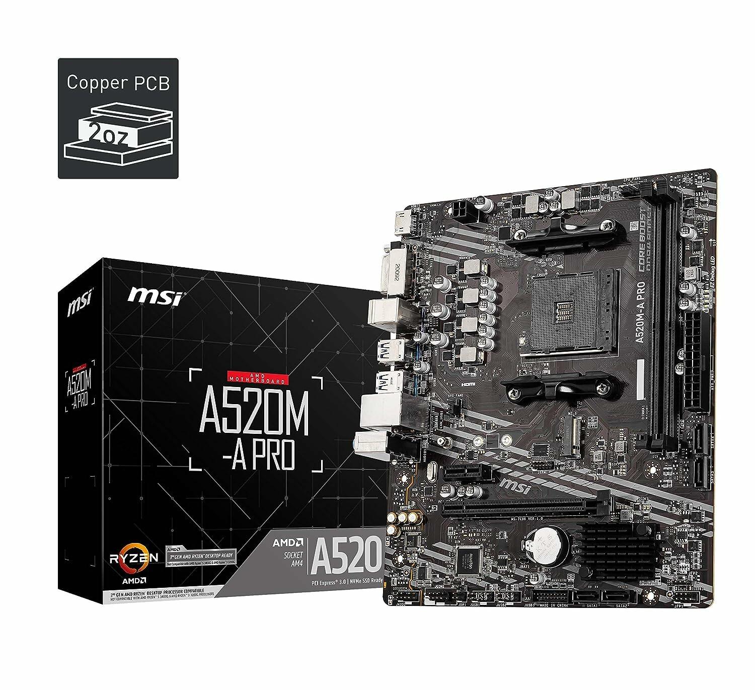 MSI A520M-A PRO Gaming Motherboard AMD Ryzen 5000, DDR4, AM4, PCIe 3.0