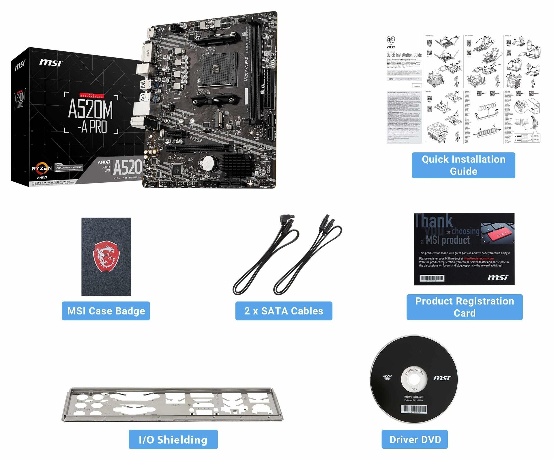 MSI A520M-A PRO Gaming Motherboard AMD Ryzen 5000, DDR4, AM4, PCIe 3.0