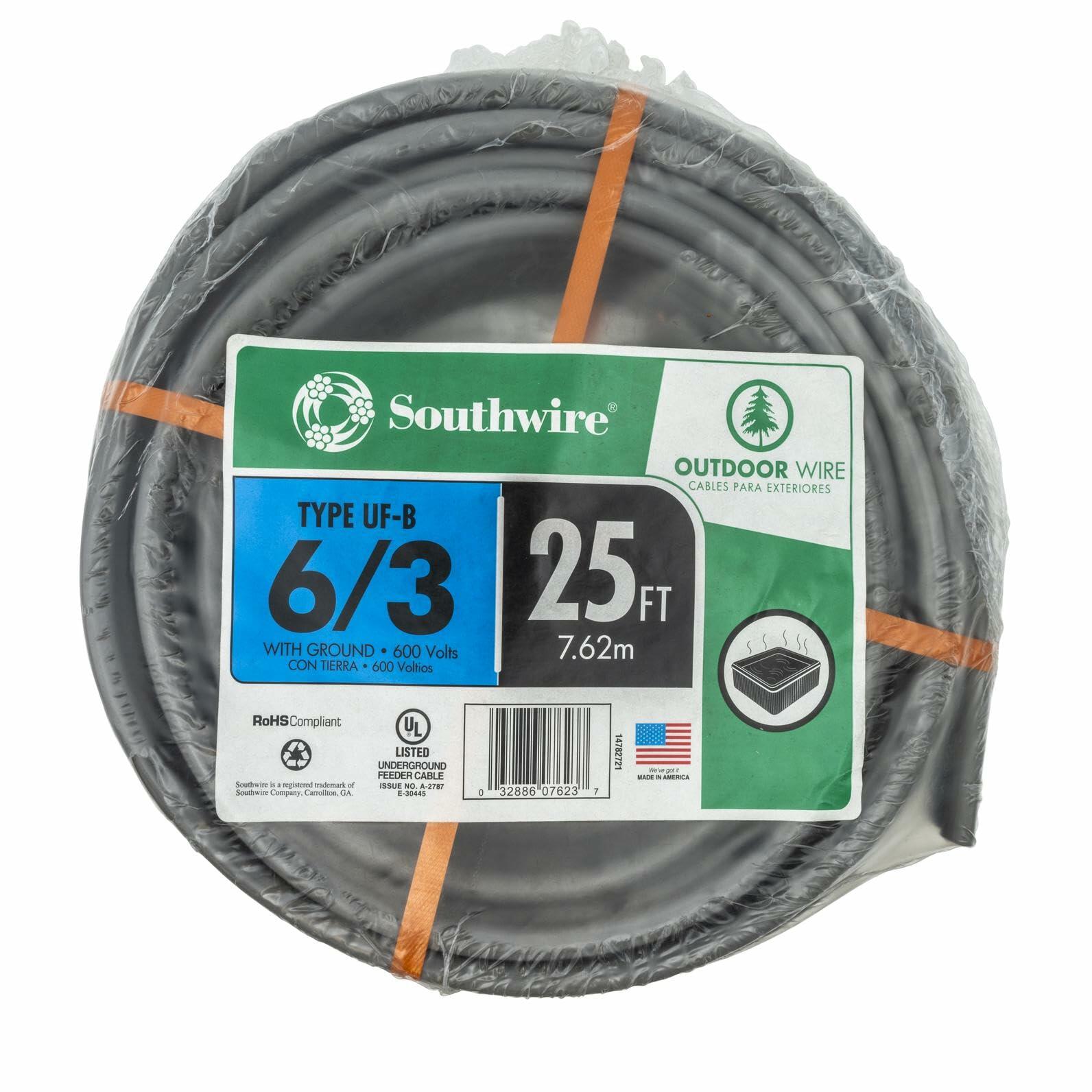 Southwire 25 Ft. 6/3 AWG UF-B Underground Feeder/Circuit Wire, Gray