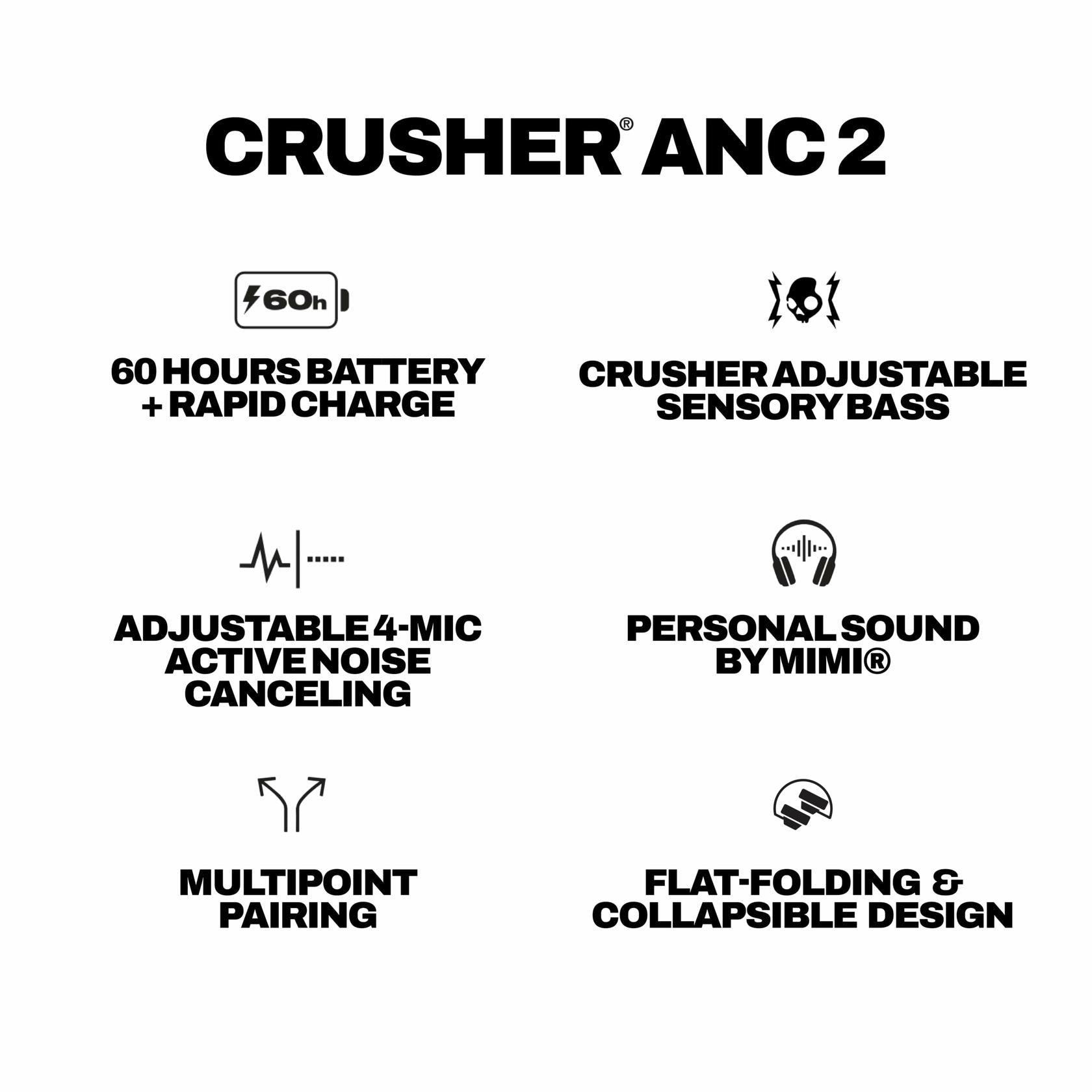 Skullcandy Crusher ANC 2 Wireless Over-Ear Bluetooth Headphones with Multi-Sensory Bass, Active Noise Cancelling, up to 60 Hours Battery, Microphone f