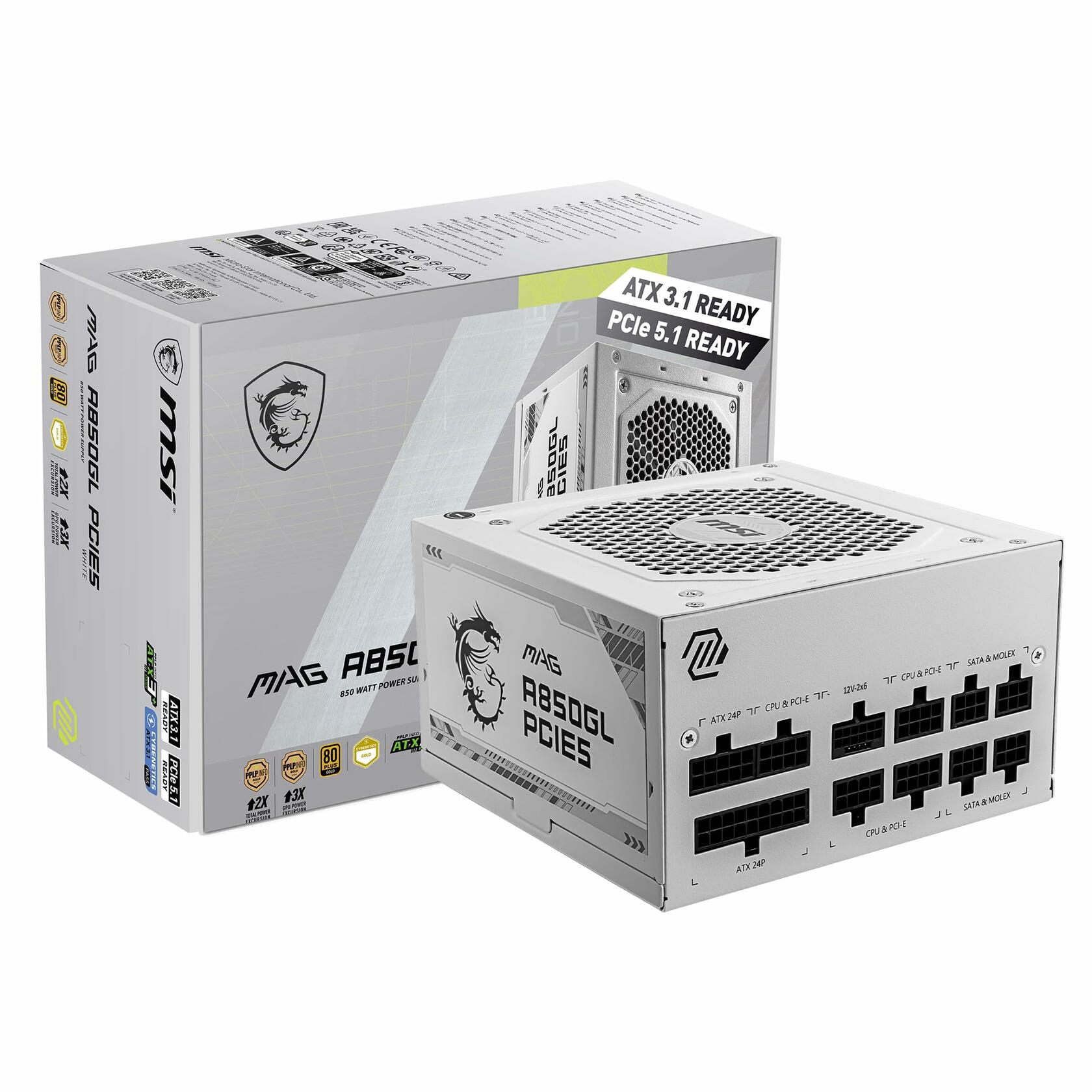 MSI MAG A850GL PCIe 5.1 Gaming Power Supply Full Modular 80+ Gold 850W (White)