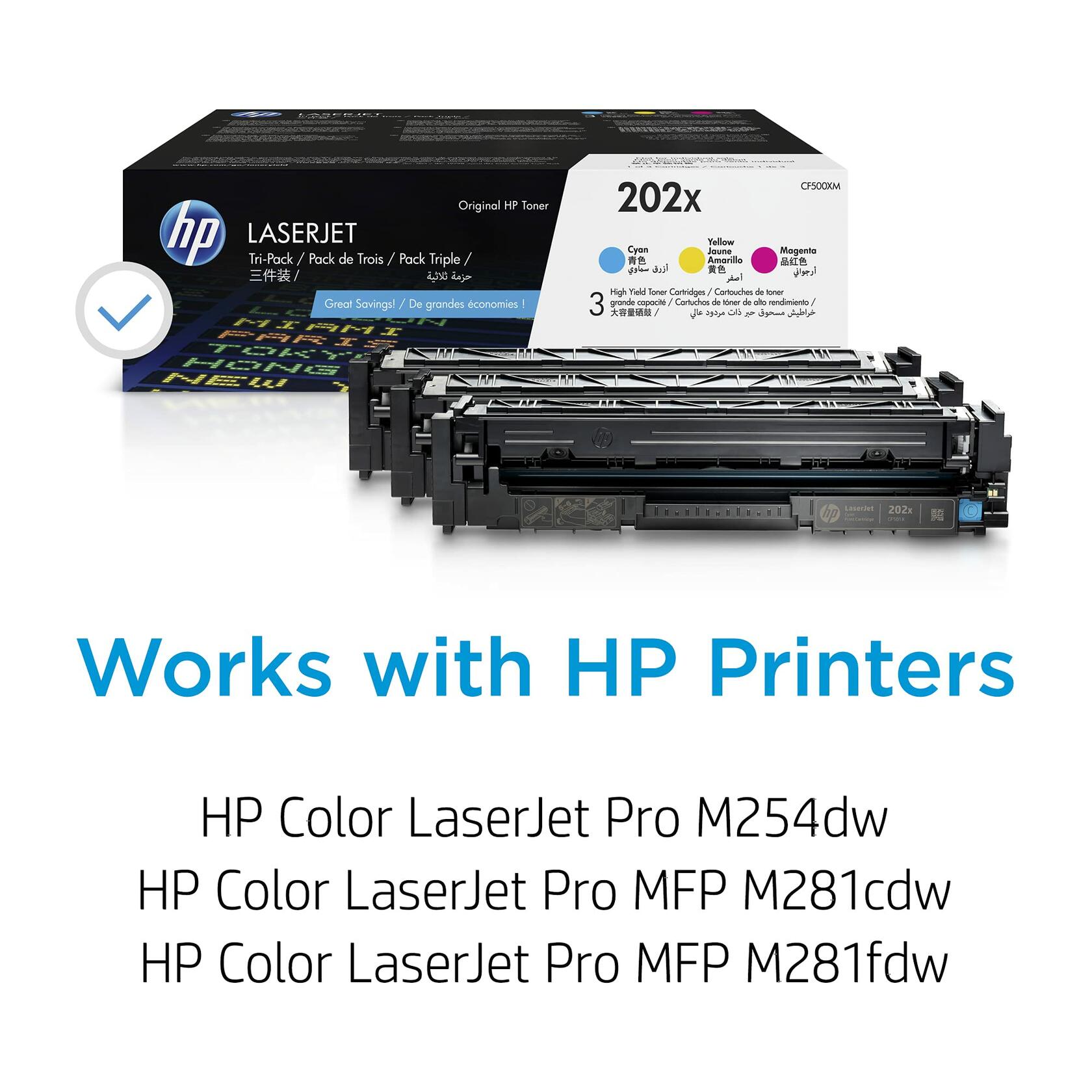 HP 202X Cyan, Magenta, Yellow High-Yield Toner Cartridges for HP Printers, 3pk
