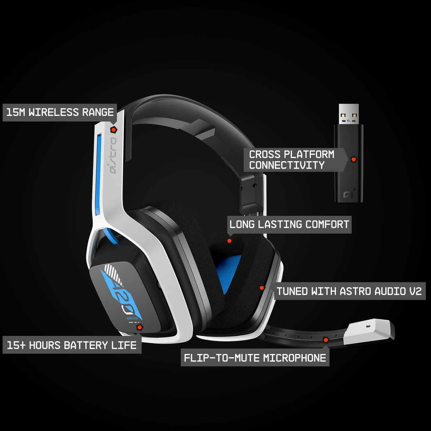 Astro Gaming A20 Wireless Headset Gen 2 for PlayStation, PC, Mac - White/Blue
