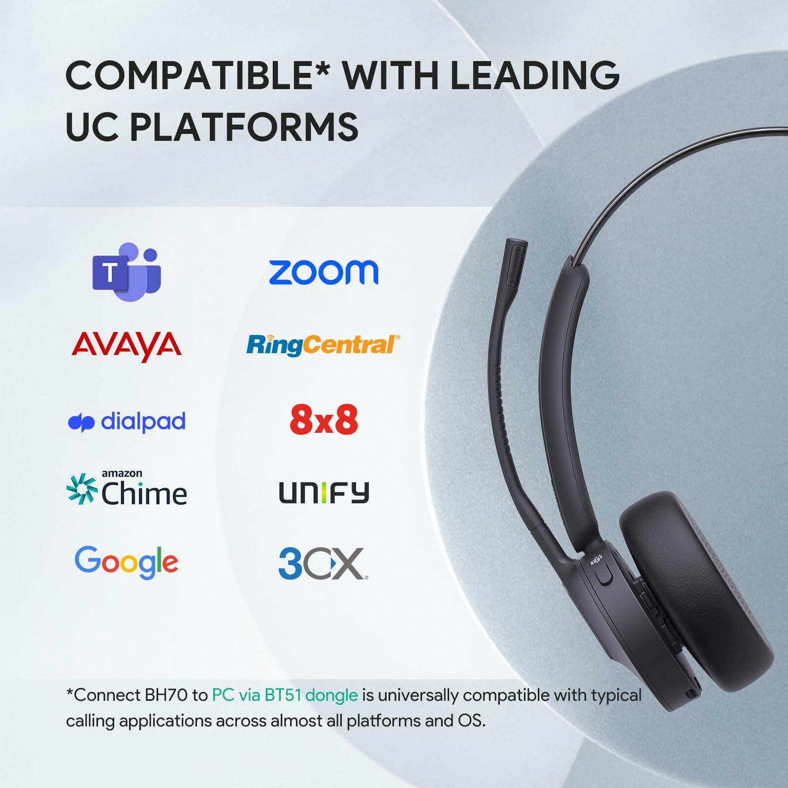 Yealink BH70 Mono Bluetooth Headset w/Mic, Microsoft Teams, USB-A  - Black