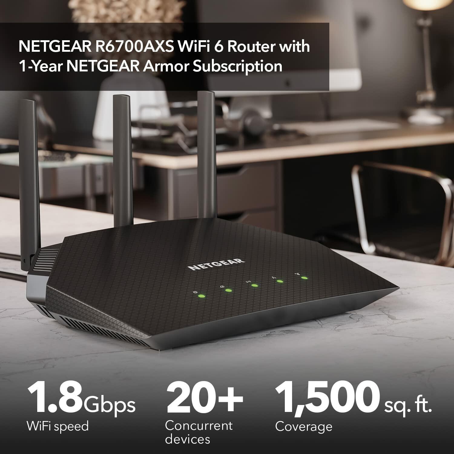 NETGEAR AX1800 Wi-Fi 6 Router R6700AX, 4-Stream Up to 1.8 Gbps, Up to 20 Devices