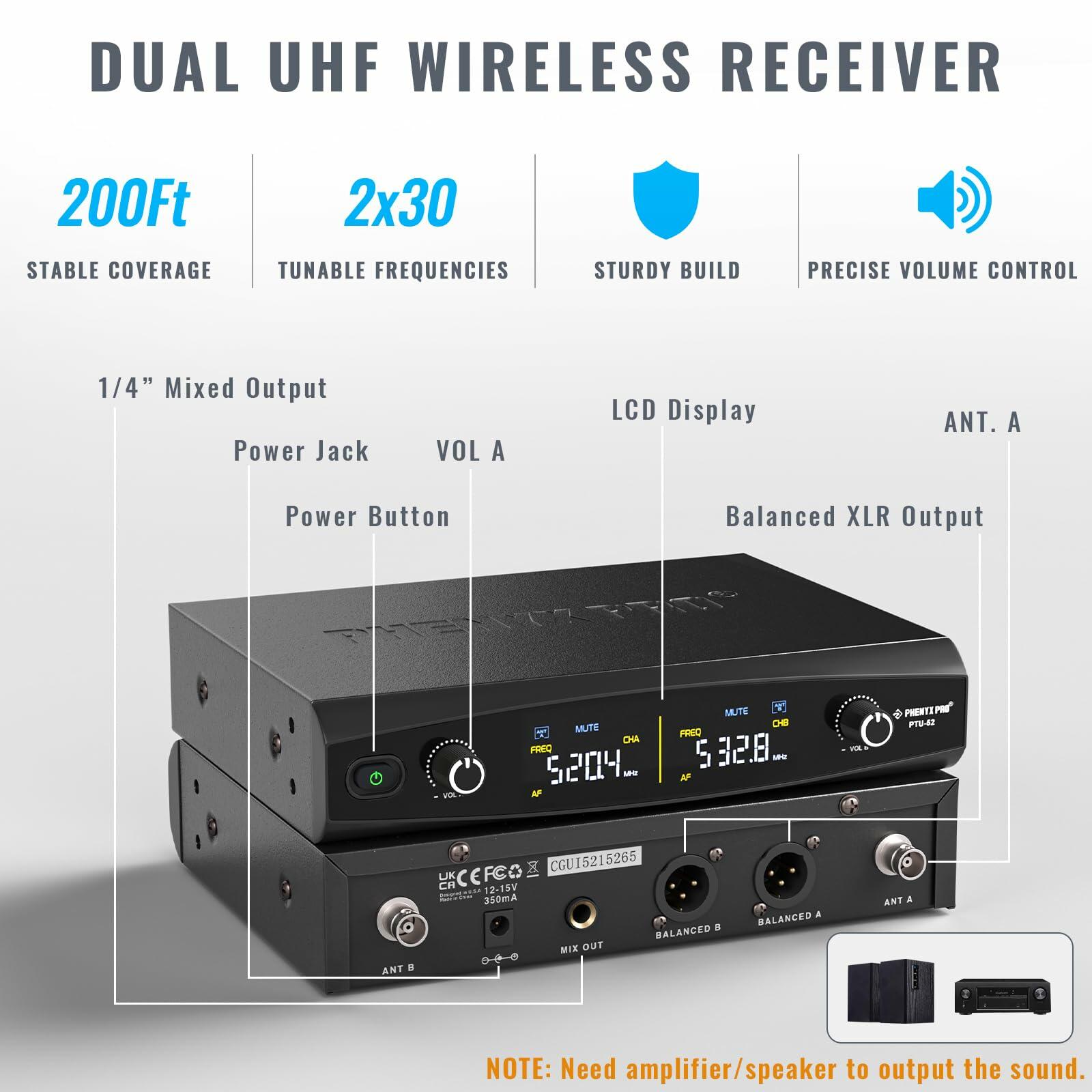 Phenyx Pro UHF Wireless Microphone System 2x30 Tunable Frequencies (PTU-52-2B)