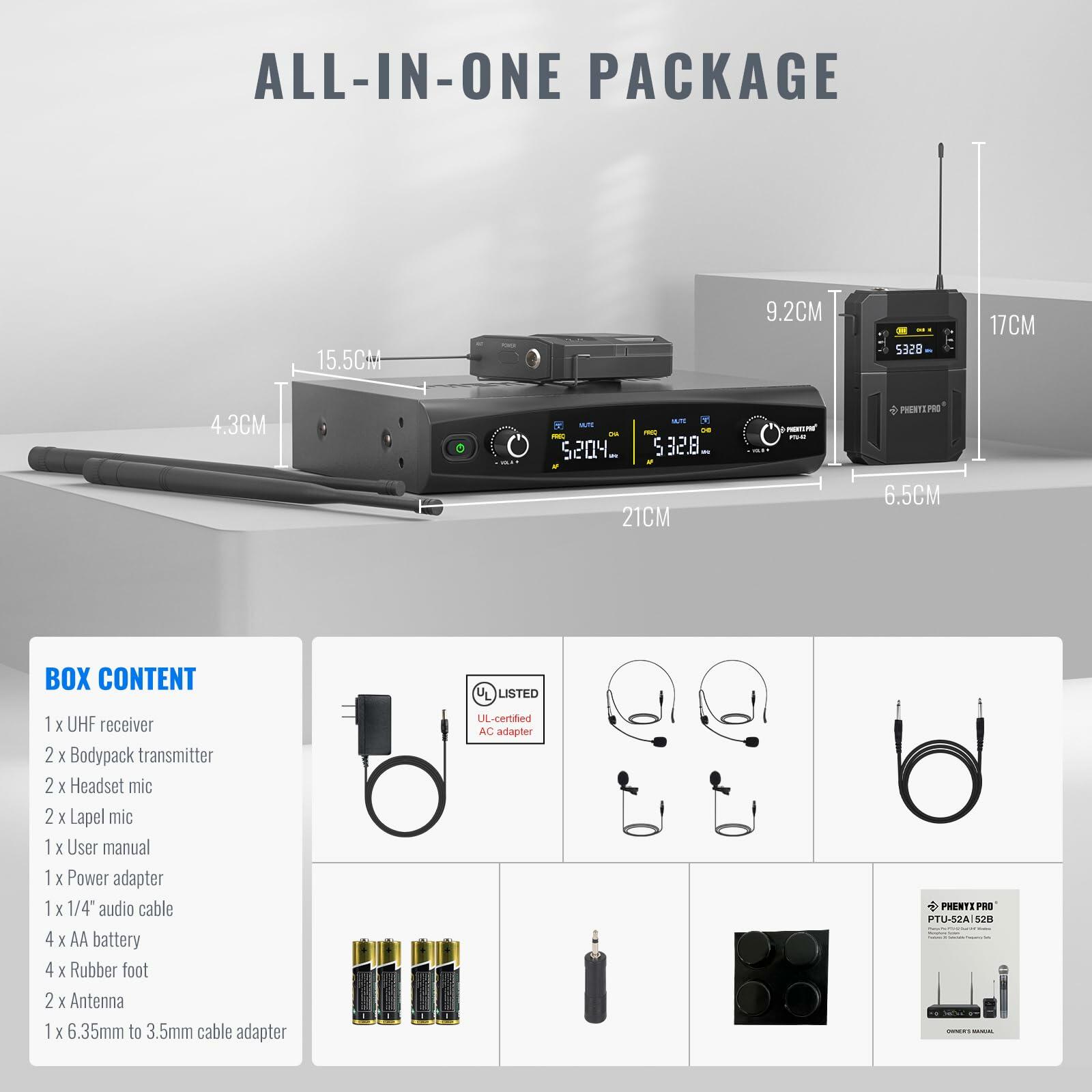 Phenyx Pro UHF Wireless Microphone System 2x30 Tunable Frequencies (PTU-52-2B)