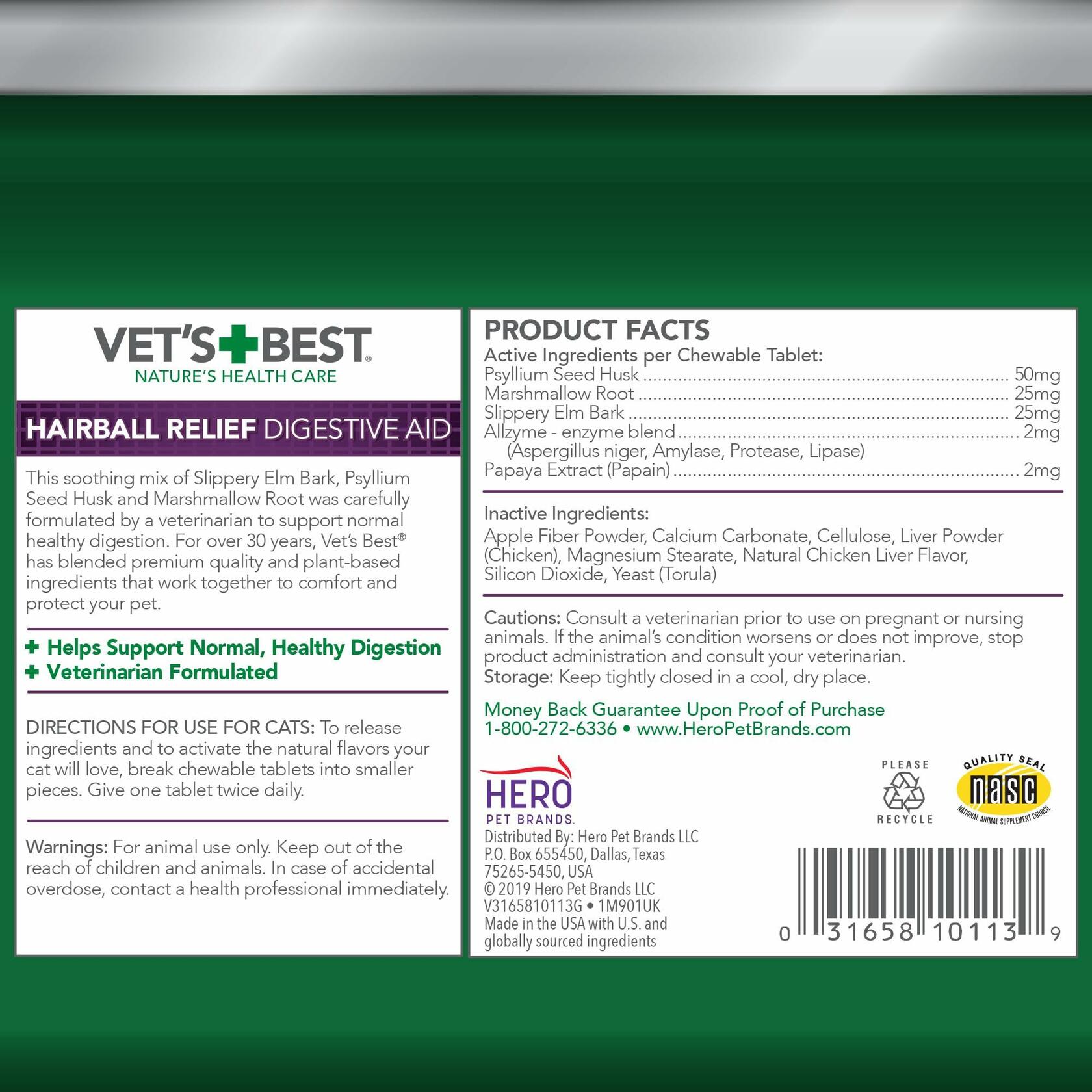 Vet's Best Cat Hairball Relief Digestive Aid, Chicken, 180 Chewable Tablets