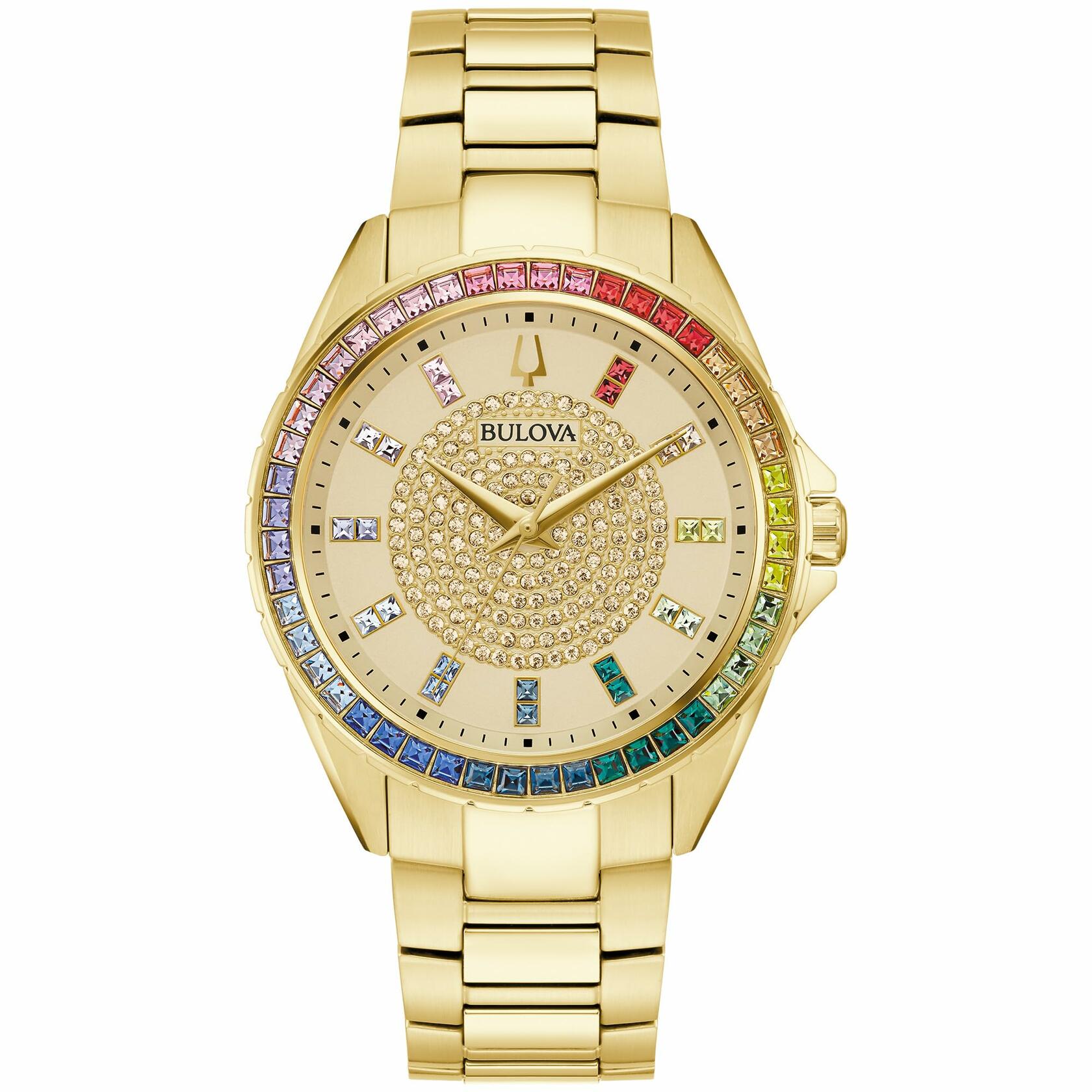 Bulova Men's Crystal Phantom Gold Tone Stainless Steel Watch Rainbow Crystal Bezel