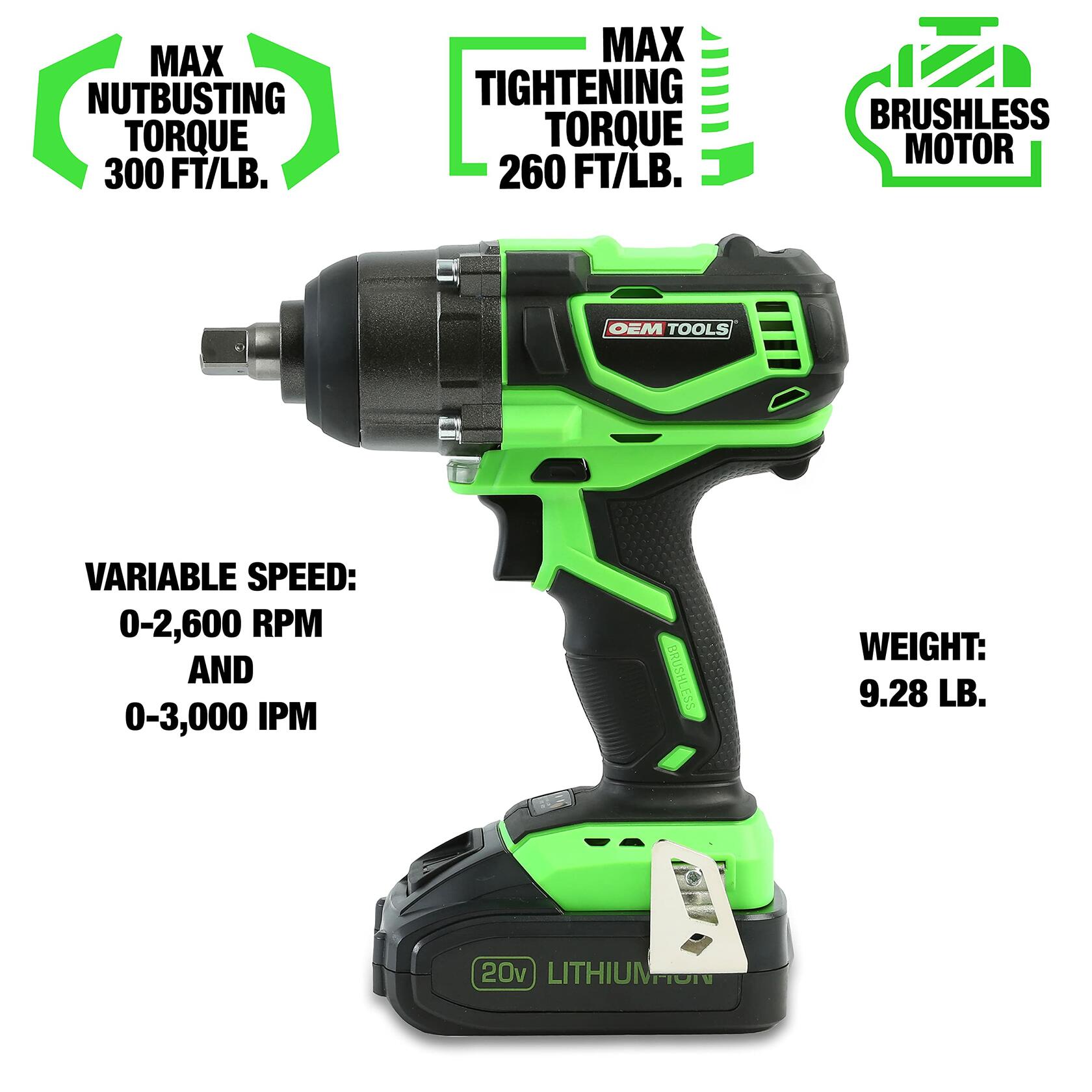 OEMTOOLS 20V Max Li-Ion Brushless 1/2" Impact Wrench 24486, w/Battery & Case