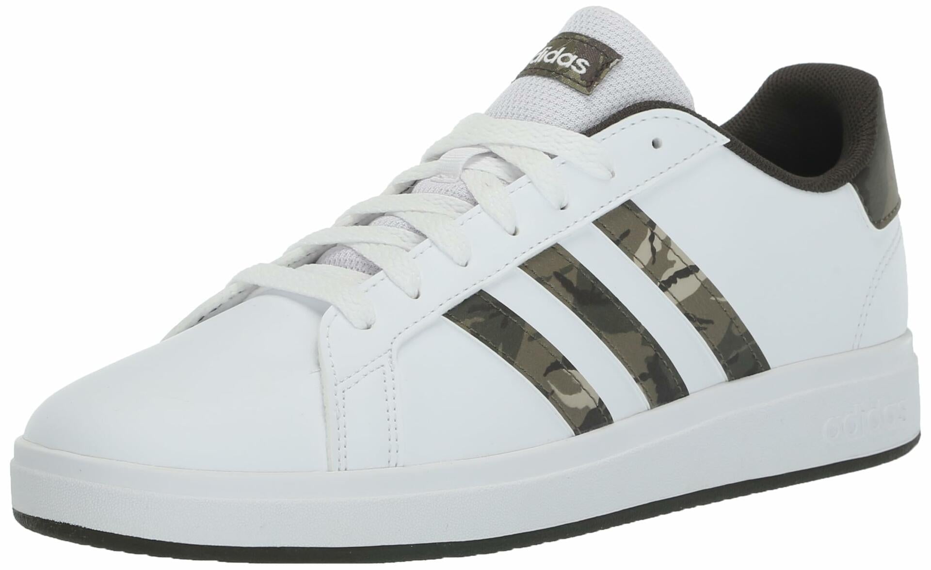 adidas Kids Grand Court 2.0 Tennis Shoe, White/Olive Strata/Shadow Olive - Y 7