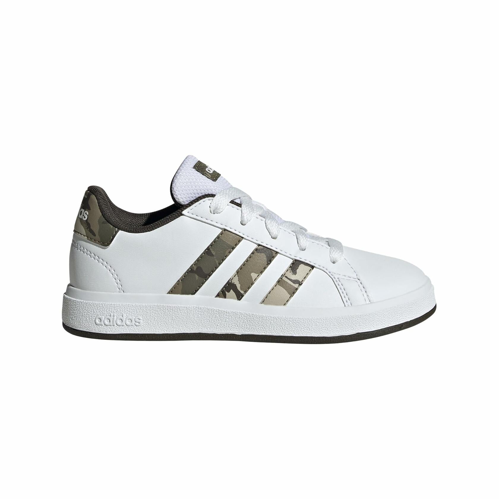 adidas Kids Grand Court 2.0 Tennis Shoe, White/Olive Strata/Shadow Olive - Y 7