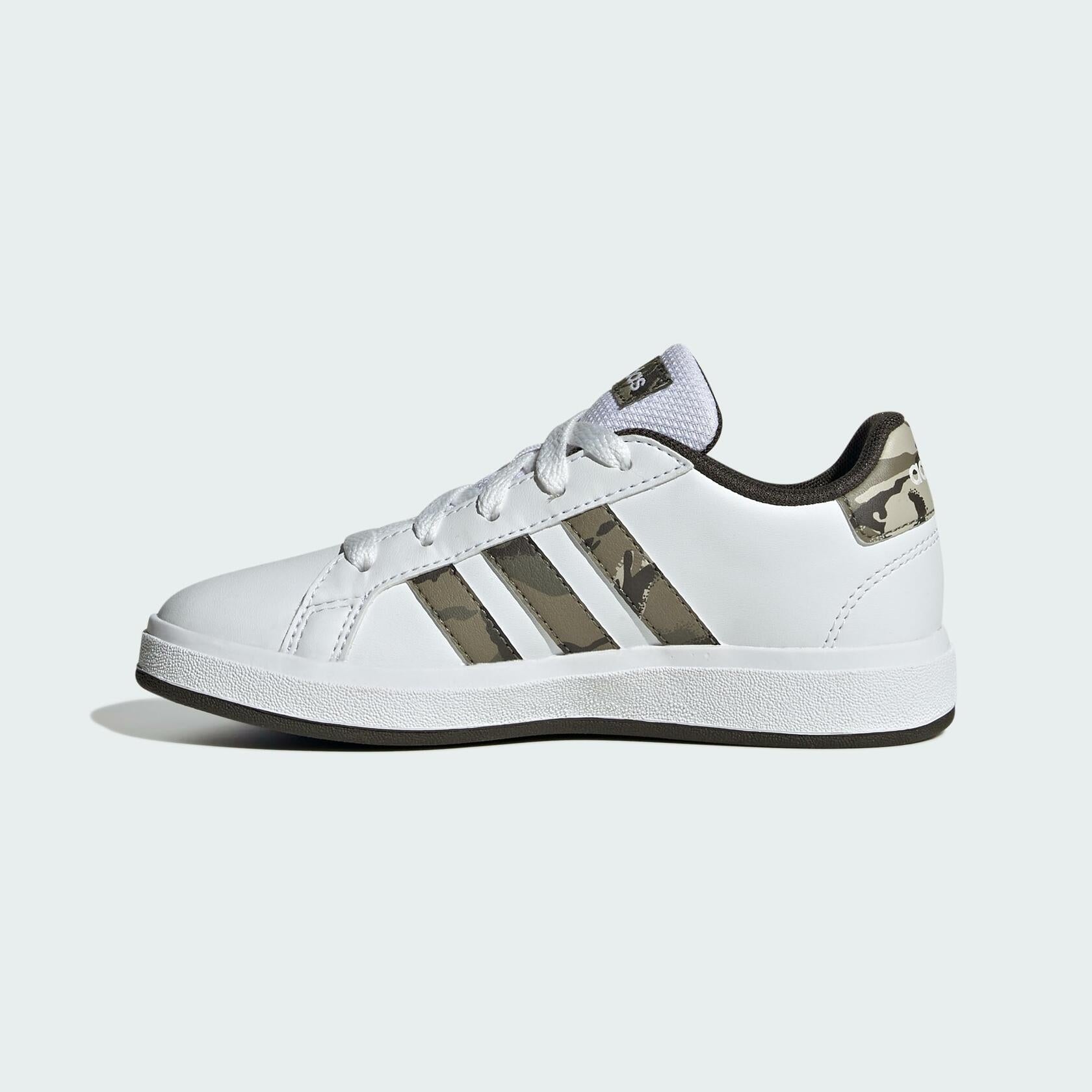 adidas Kids Grand Court 2.0 Tennis Shoe, White/Olive Strata/Shadow Olive - Y 7