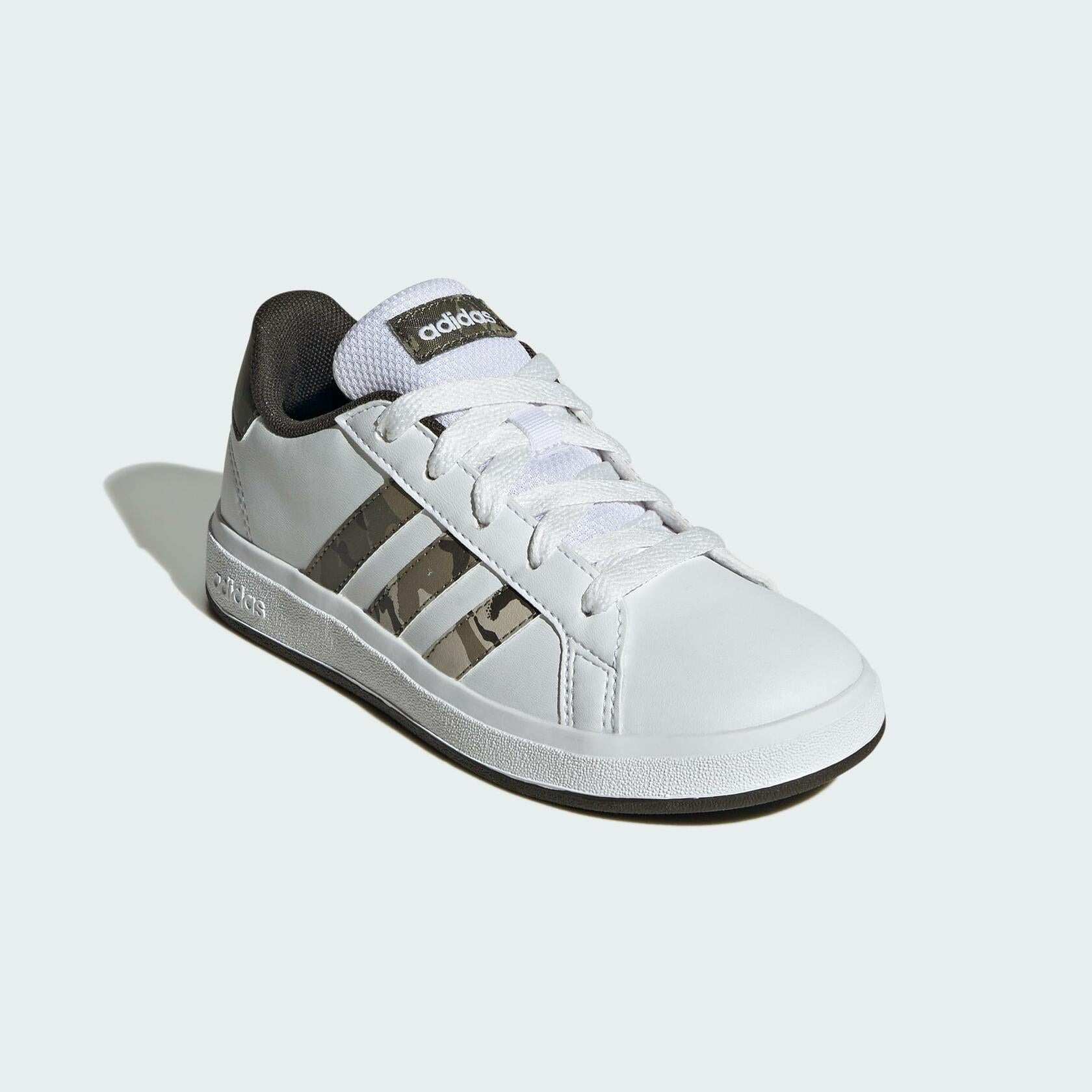 adidas Kids Grand Court 2.0 Tennis Shoe, White/Olive Strata/Shadow Olive - Y 7