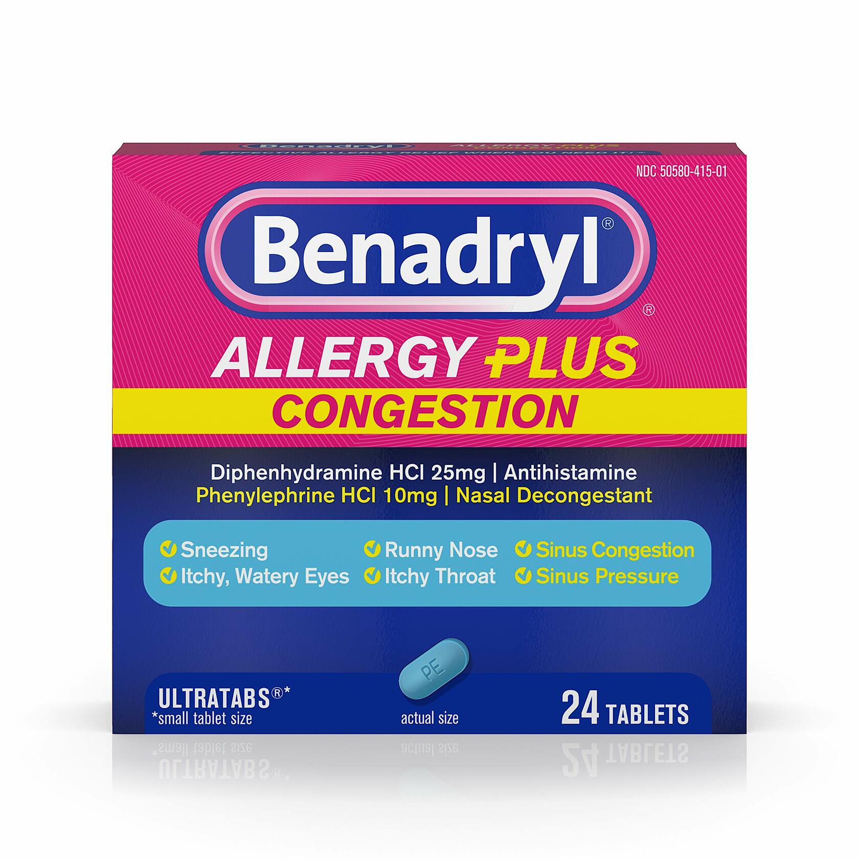 Benadryl Allergy Plus Congestion Ultratabs, 25mg Diphenhydramine/10mg Phenulephrine HCl - 24ct
