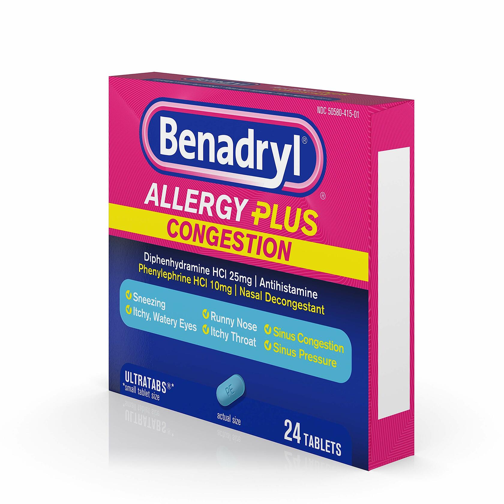 Benadryl Allergy Plus Congestion Ultratabs, 25mg Diphenhydramine/10mg Phenulephrine HCl - 24ct