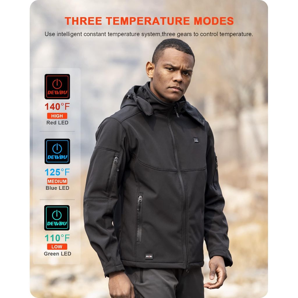 DEWBU Soft Shell Heated Jacket for Men with 12V Battery Pack and Detachable Hood Outdoor Electric Heating Coat, Black, 2XL