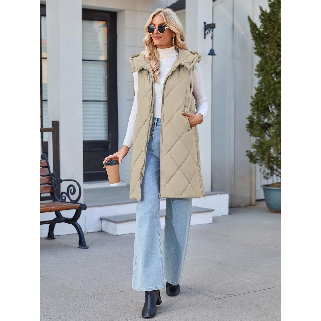 SZ XL, MEROKEETY Womens Winter Mid Long Zipper Puffer Vest Hooded Sleeveless Lightweight Jacket Coats, Khaki