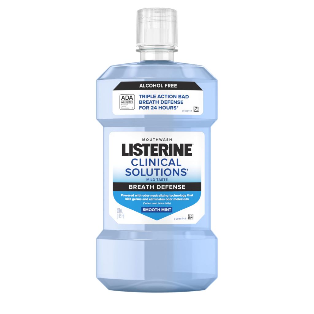 Listerine Clinical Solutions Breath Defense Alcohol Free Mouthwash, Smooth Mint Flavor, 500 mL