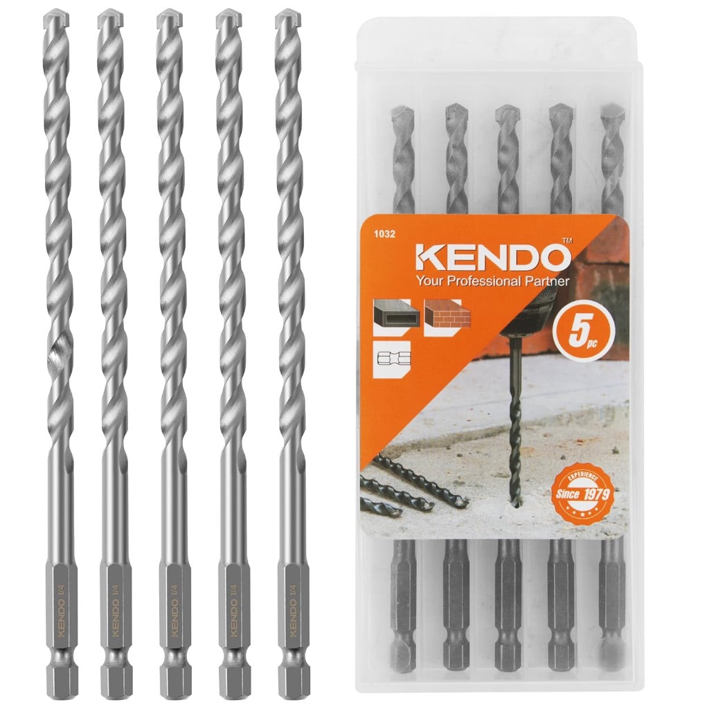 KENDO 1/4" x 6" Rotary Hammer Drill Bits Multi-Purpose Carbide Drill Bit Set - 5-Piece Carbide Tips for Concrete, Brick, Wood, Tile, for DIY Lovers