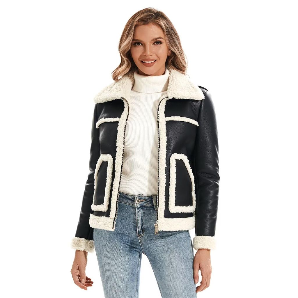 WYOYW Women's Faux Shearing Moto Jacket Thick Fur Lined Coat Sherpa Leather Jacket Black White XL