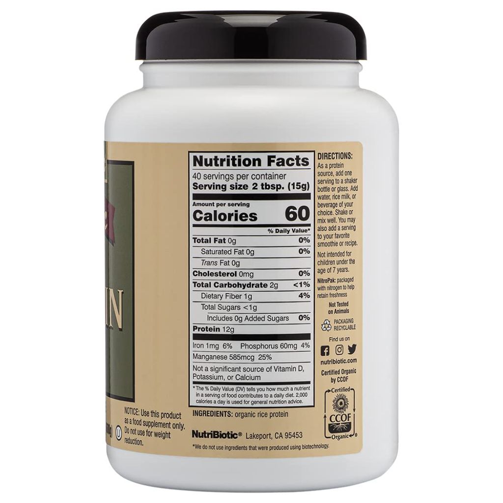 NutriBiotic Certified Organic Plain Rice Protein, 21 Ounce