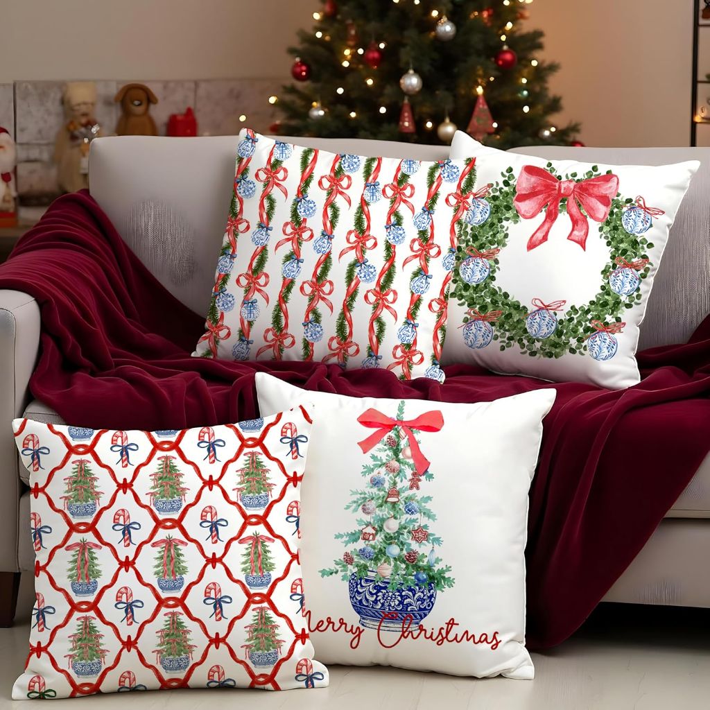 Red Bow Chinoiserie Christmas Tree Wreath Pillow Covers (18" x 18") - Set of 4
