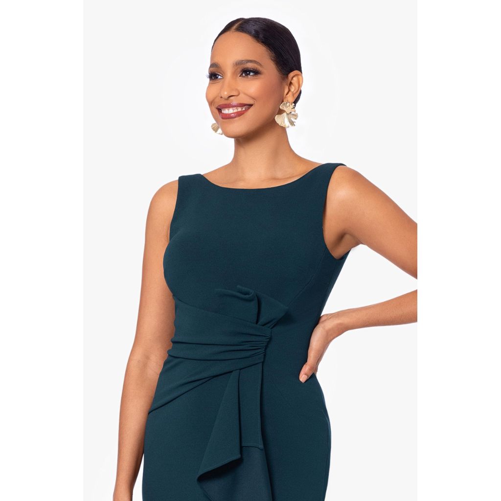 Betsy & Adam Women's Long Bodycon Sleeveless Boat Neck Evening Gown with Side Slit Ruffle, Pine, 6P