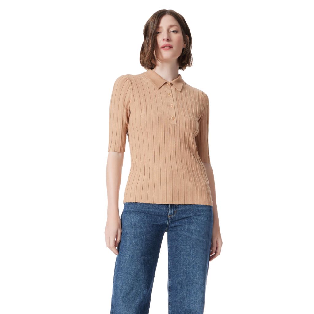 SZ M,  DEE OCLEPPO DO Women's Cleo Half Sleeve Ribbed Polo Shirt Standard | Camel