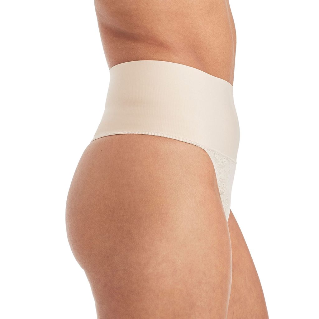 Maidenform Women's Lace Tummy Control Shapewear Underwear Thong, Breathable, Firm Nude 1/Transparent, 2XL