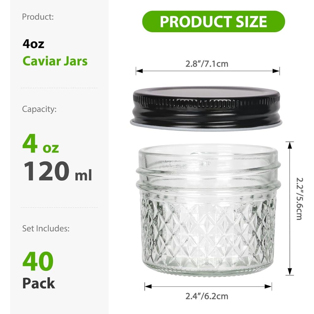 4 oz Glass Mason Jars with Black Lid, 40 PK