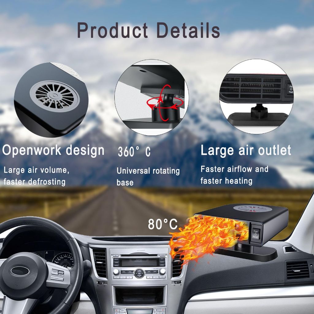 12 Volt Heater For Car 150W Fast Heating Cooling Fan Defogger & Defroster 360° GRAY01
