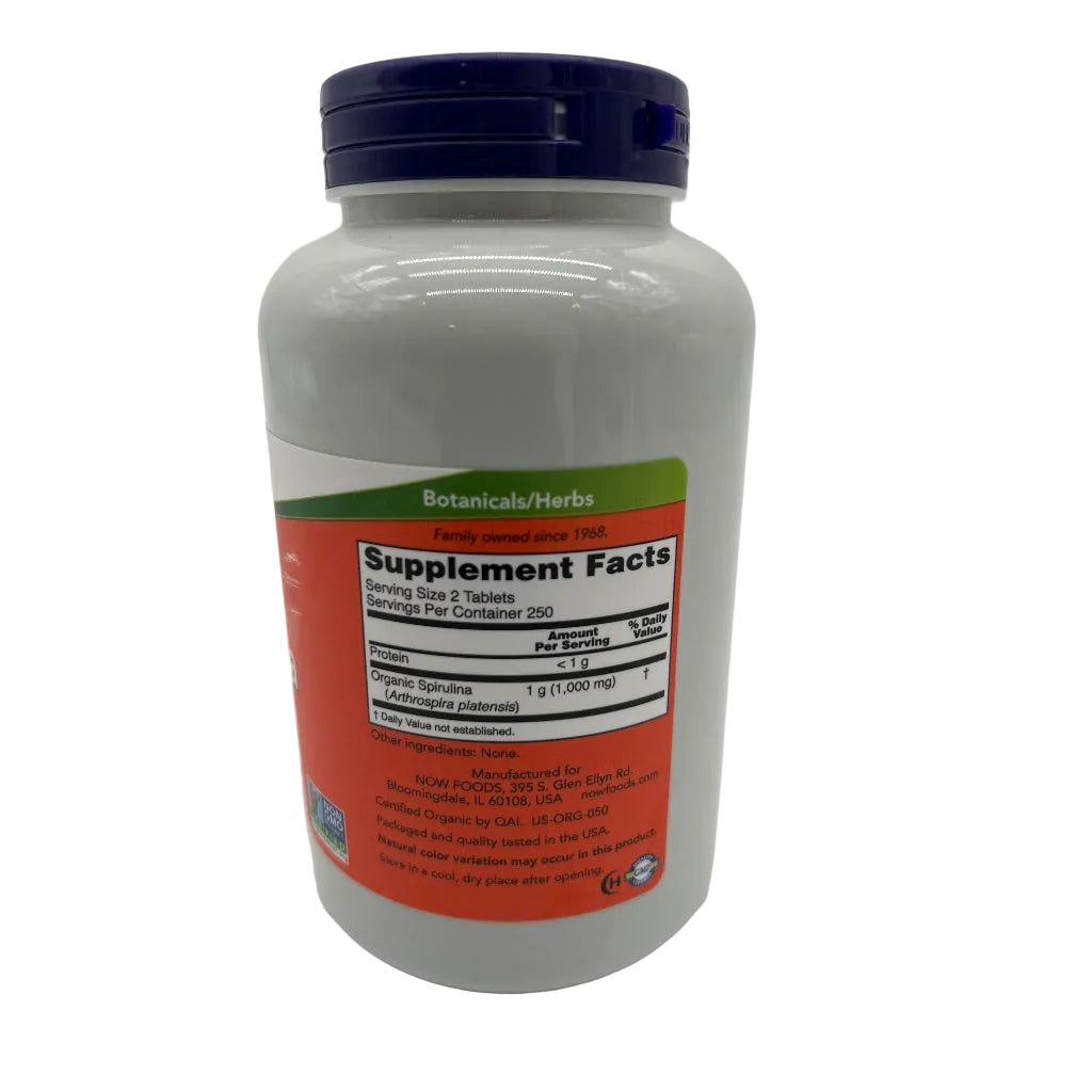 NOW Foods Certified Organic Spirulina 500mg Super Green, 500 Tablets