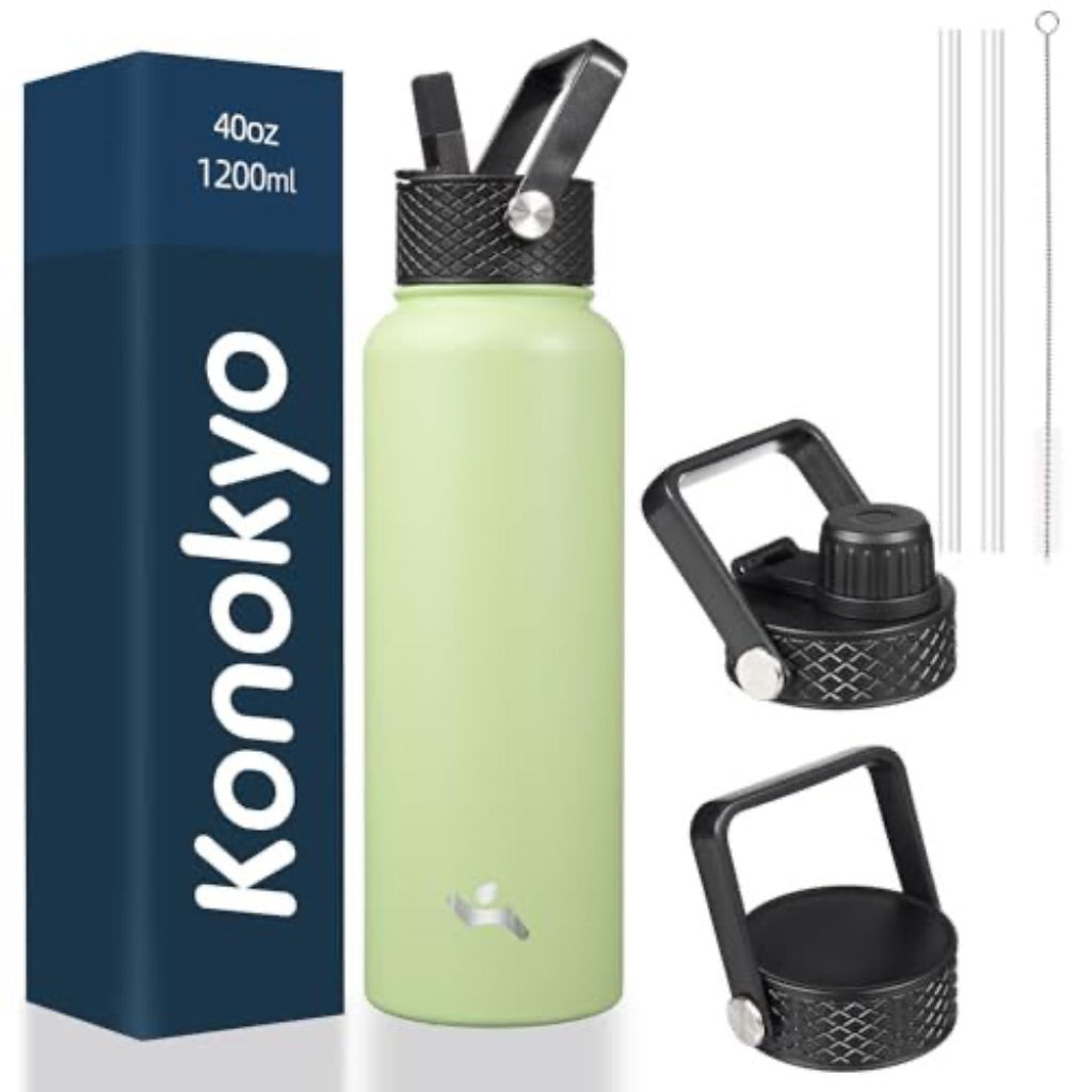 Konokyo 40oz Insulated Water Bottle Sport Stainless Steel Water Bottles with 3 Lids Macaron Green
