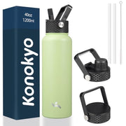 Konokyo 40oz Insulated Water Bottle Sport Stainless Steel Water Bottles with 3 Lids Macaron Green