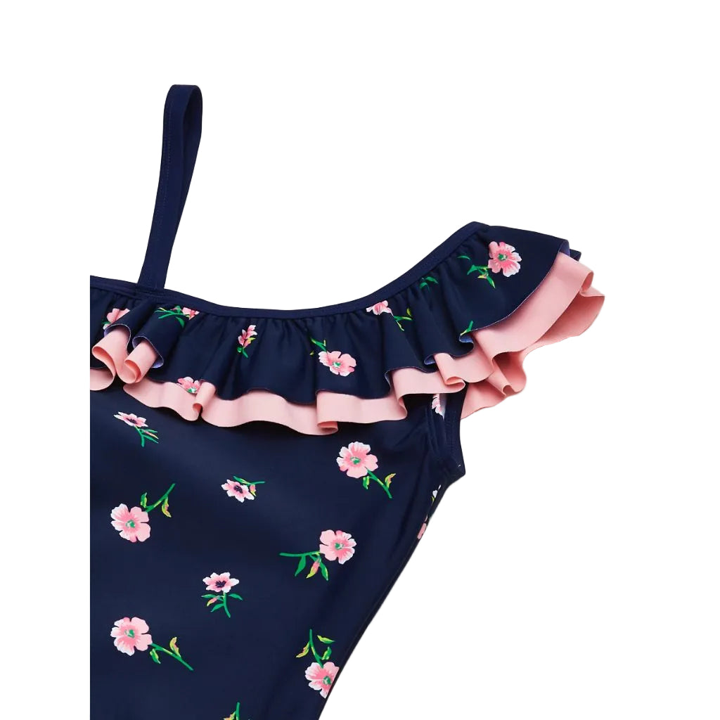 Kanu Surf Girls' Morgan Floral Ruffle 1-Shoulder 1-Piece Swimsuit, Navy, 14