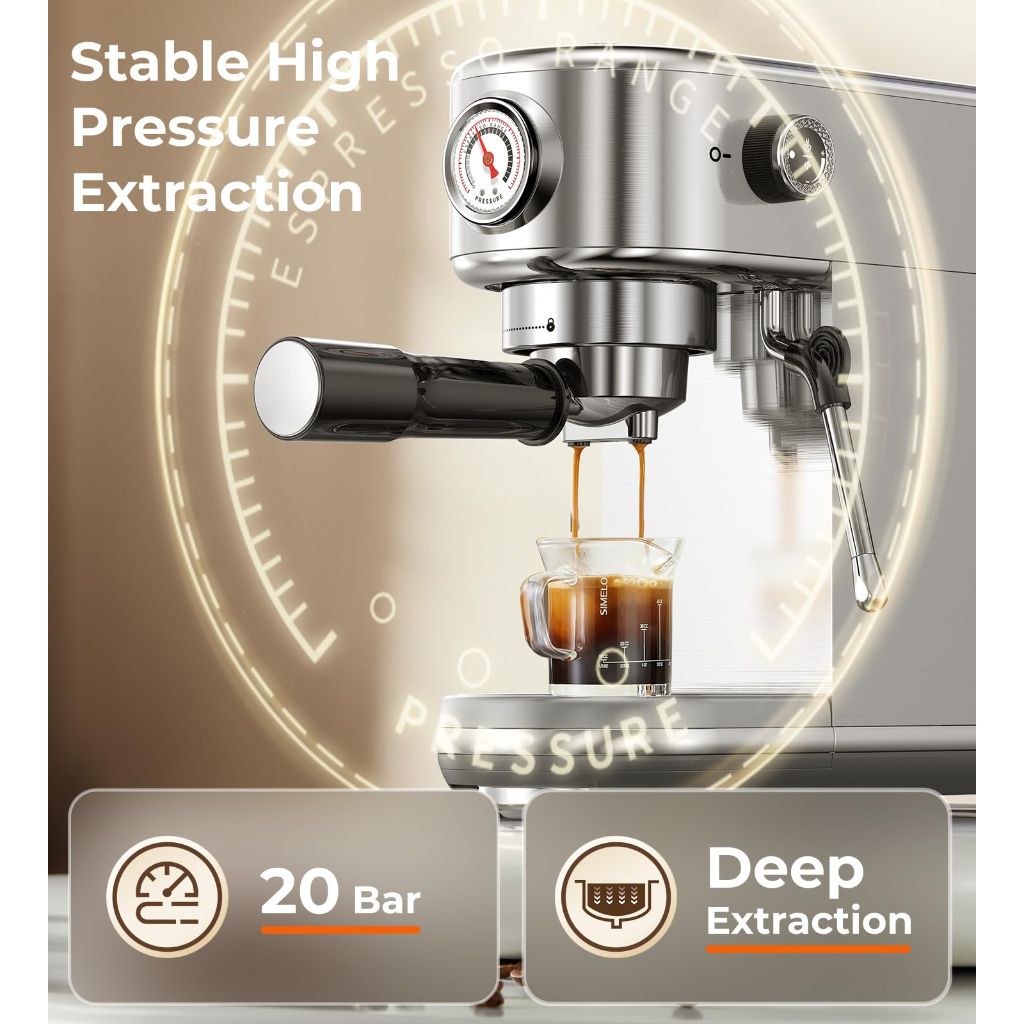 Atatix Espresso Machine with Milk Frother, 20 Bar Pressure Espresso Maker, with 44OZ Removable Tank, Compact Stainless Steel Coffee Machine for Home, Office, Latte, Cappuccino, Macchiato, Silver