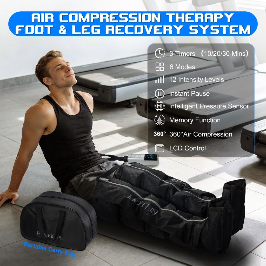 Belhope Leg Massager for Circulation and Pain Relief,Full Leg Massage 5-Zone for Varicose Veins, 3 Timers,12 Intensity,6 Modes,Air Compression Boots Recovery Calf Thigh Foot Massage for Athletes,Black