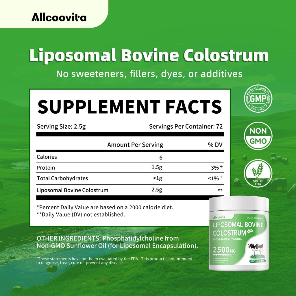 Liposomal Bovine Colostrum Powder | Immune Health and Hair Growth | 72 Servings per Bottle. 180g/6.35 oz