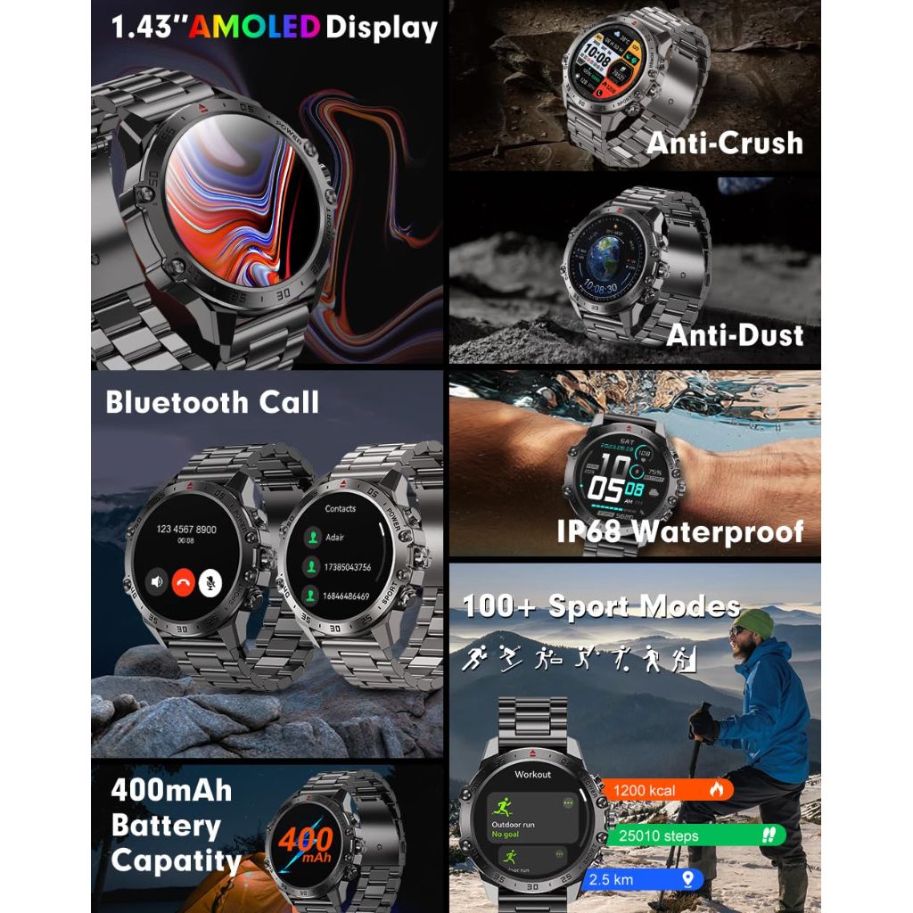 TUSLOT Smartwatch for Men 1.43'' AMOLED Full Touchscreen  (Silver)