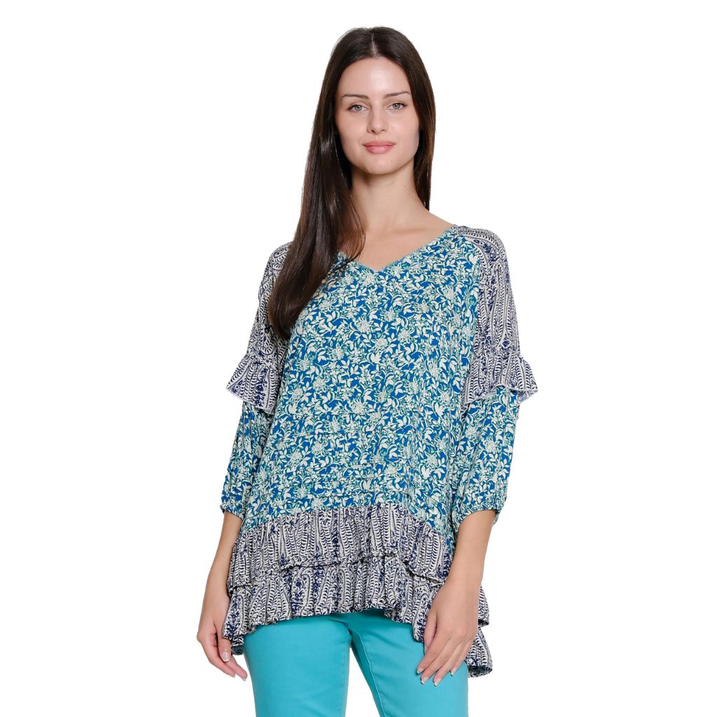 Tru Luxe Jeans Print V Neck Peplum Top, Multi - size M