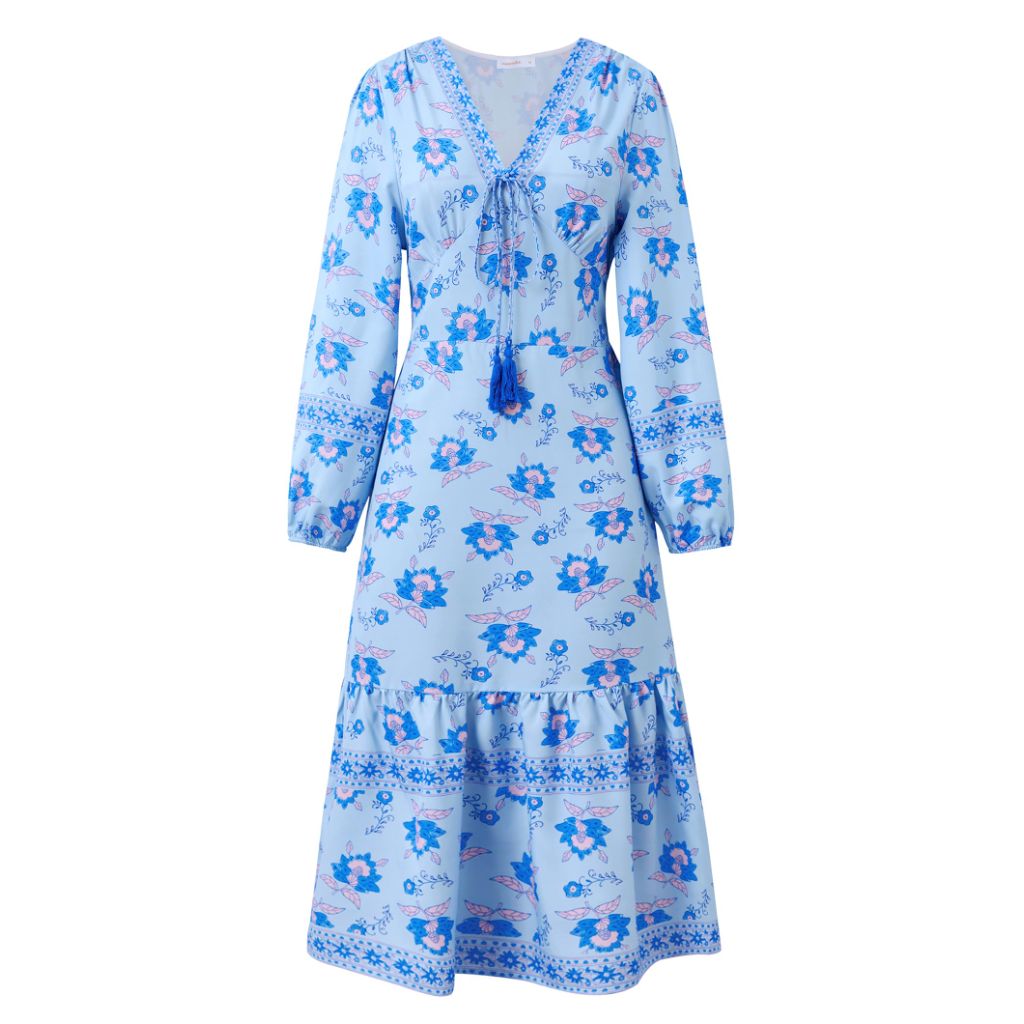 Sunny Spirit Women Midi Casual Boho Dress, Blue Floral, XL