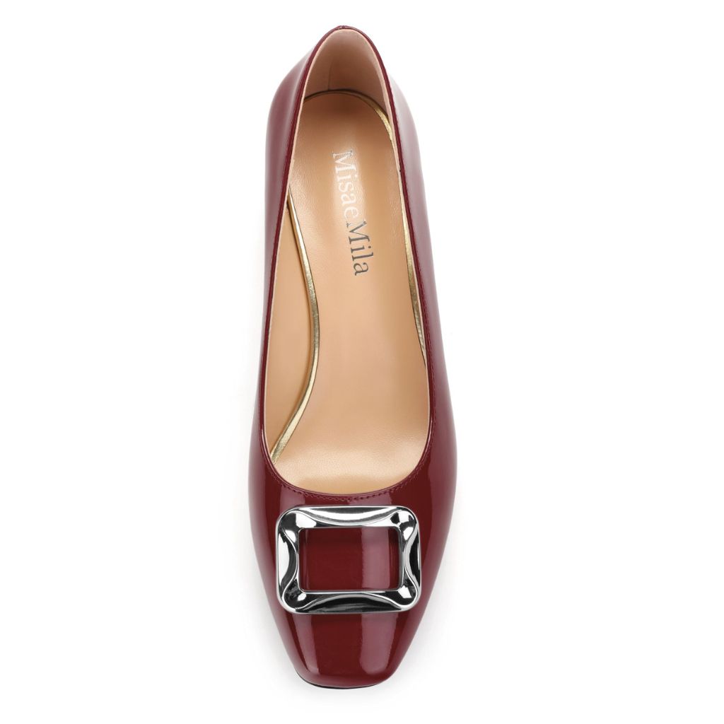 MisaeMila Womens Low Chunky Block Heels, Square Toe Patent Closed Toe Pumps Dress Party Wedding Shoes 1.5 Inch Burgundy Patent Size 7