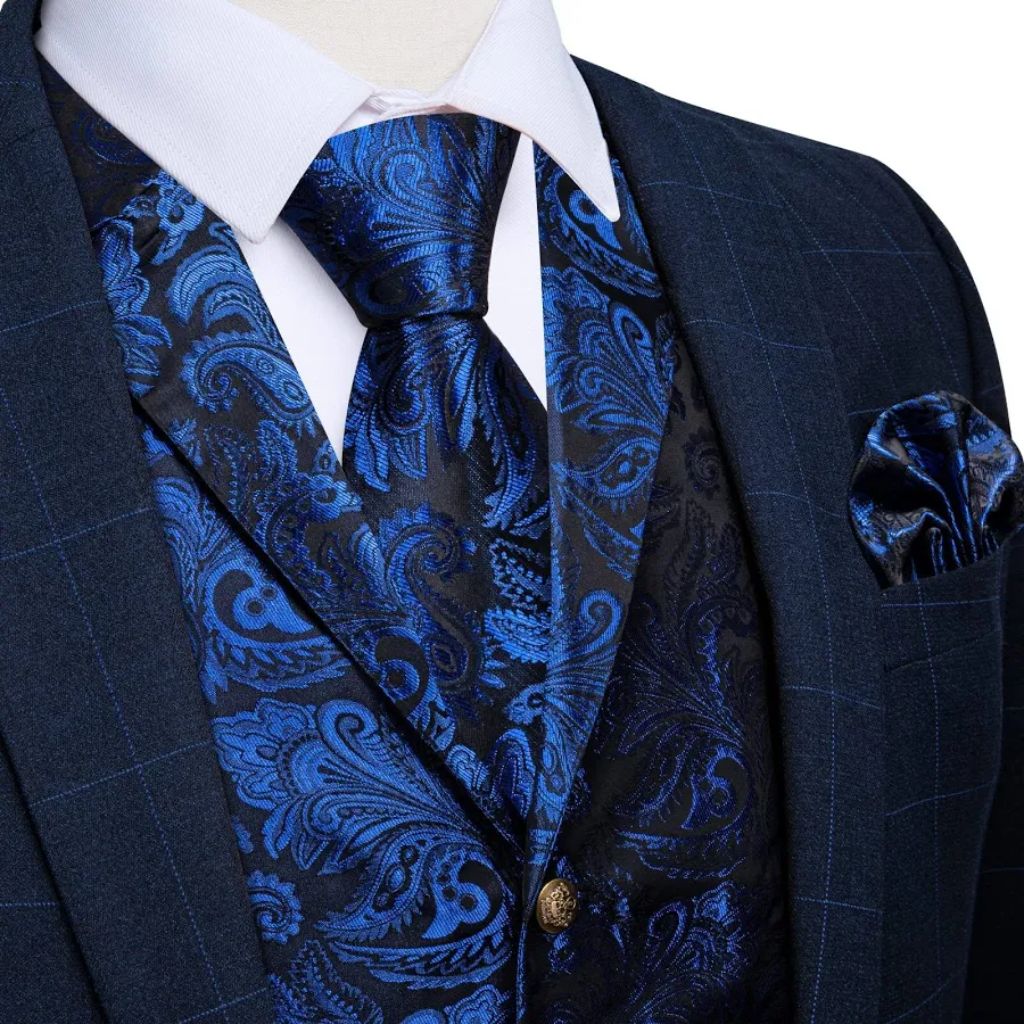 SZ L, DiBanGu Silk Paisley Vest for Men Formal Suit Waistcoat and Bowtie Lapel Pin Set 7PCS , Royal Blue