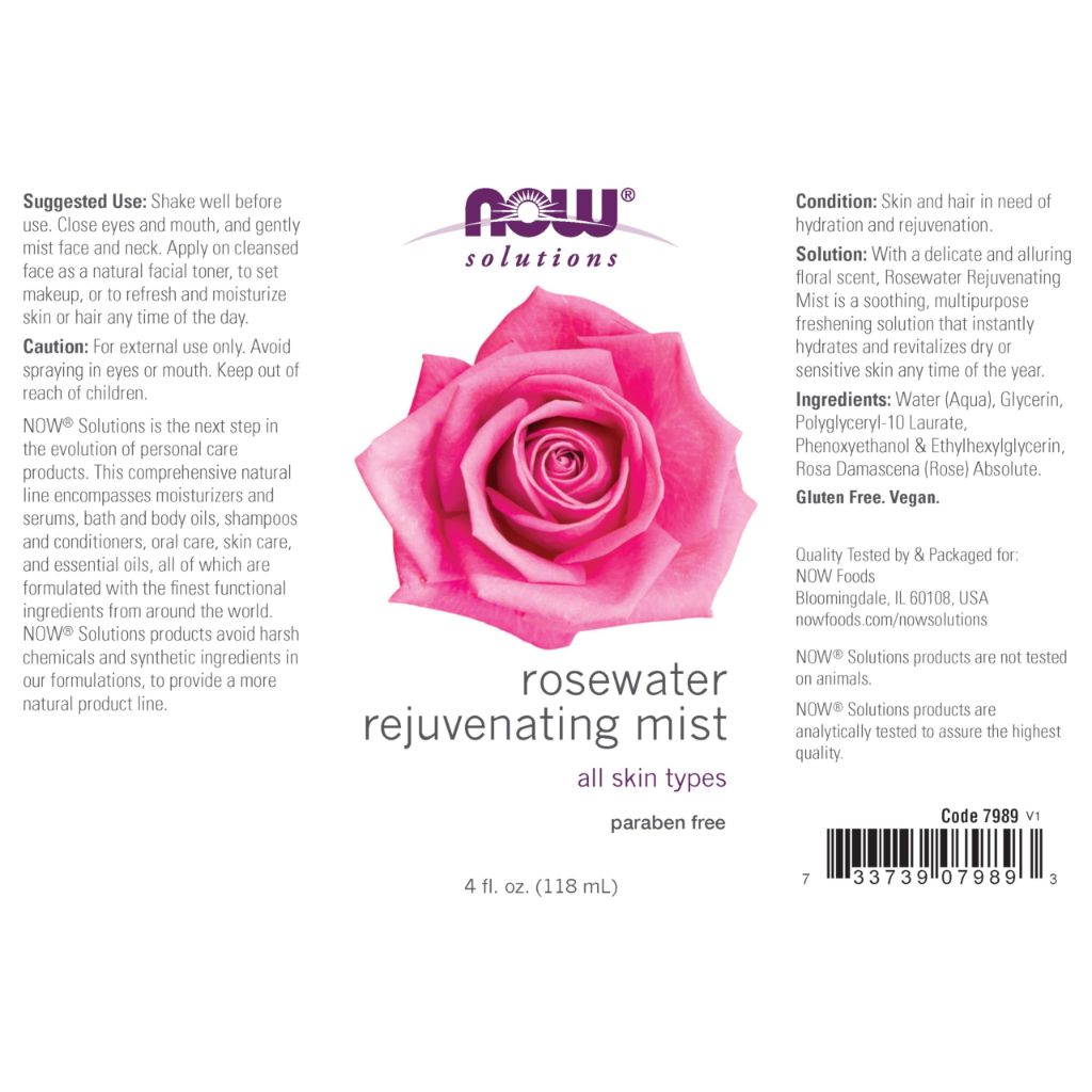 NOW Solutions Rosewater Rejuvenating Mist, Hydration and Rejuvenation Spray for All Skin and Hair Types, 4OZ