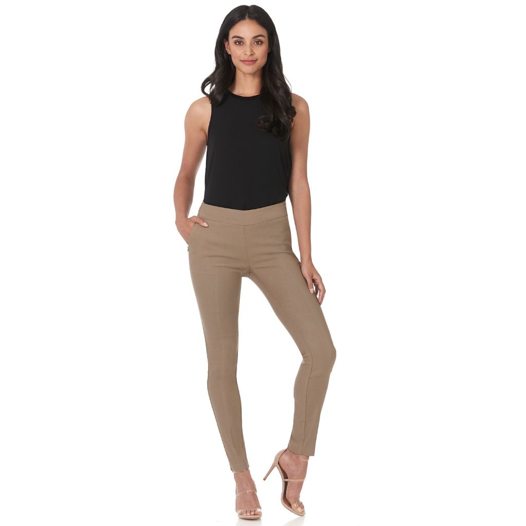Rekucci Women’s Stretch Pull-On Skinny Work Pant – Tummy Control, Zip Pockets, Legging Fit – Office & Casual (16, Oatmeal)